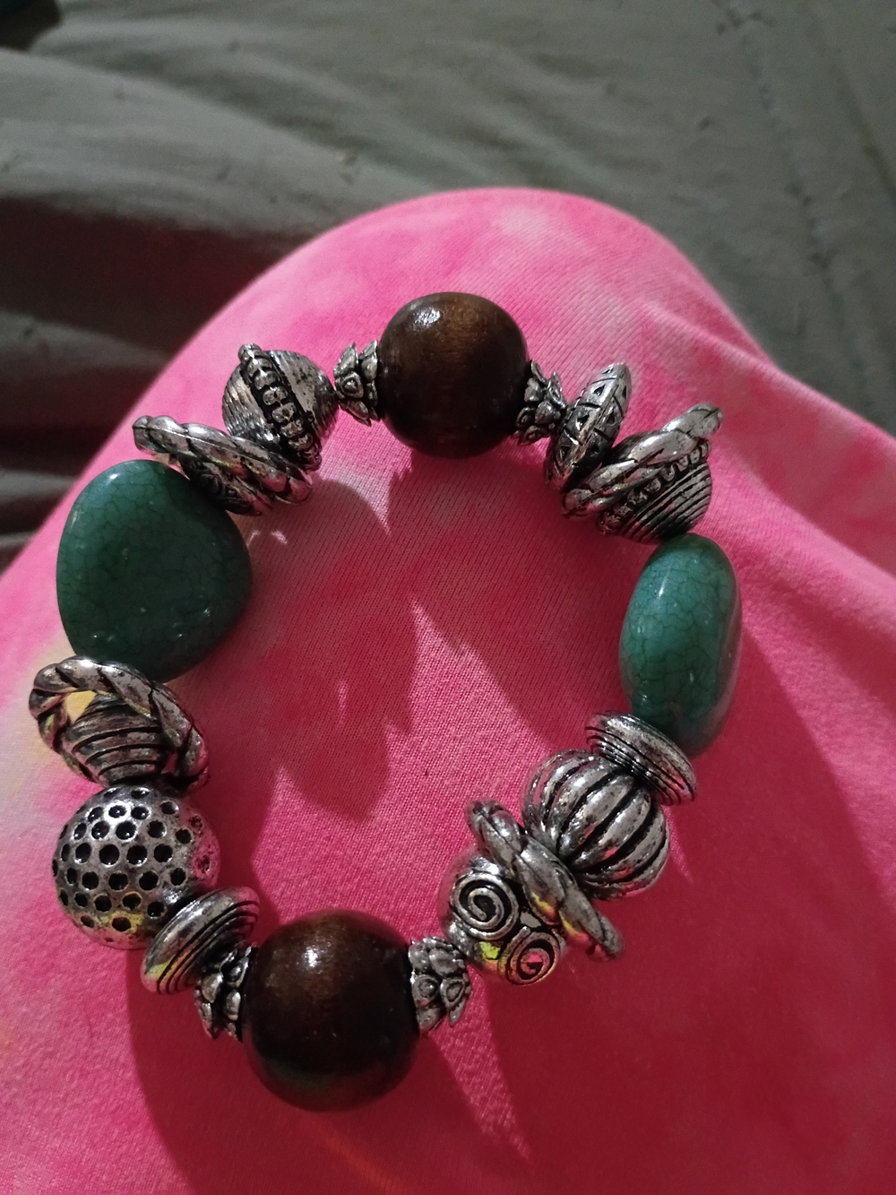 Bohemian Green Stone and Silver-Tone Bead Stretch Bracelet